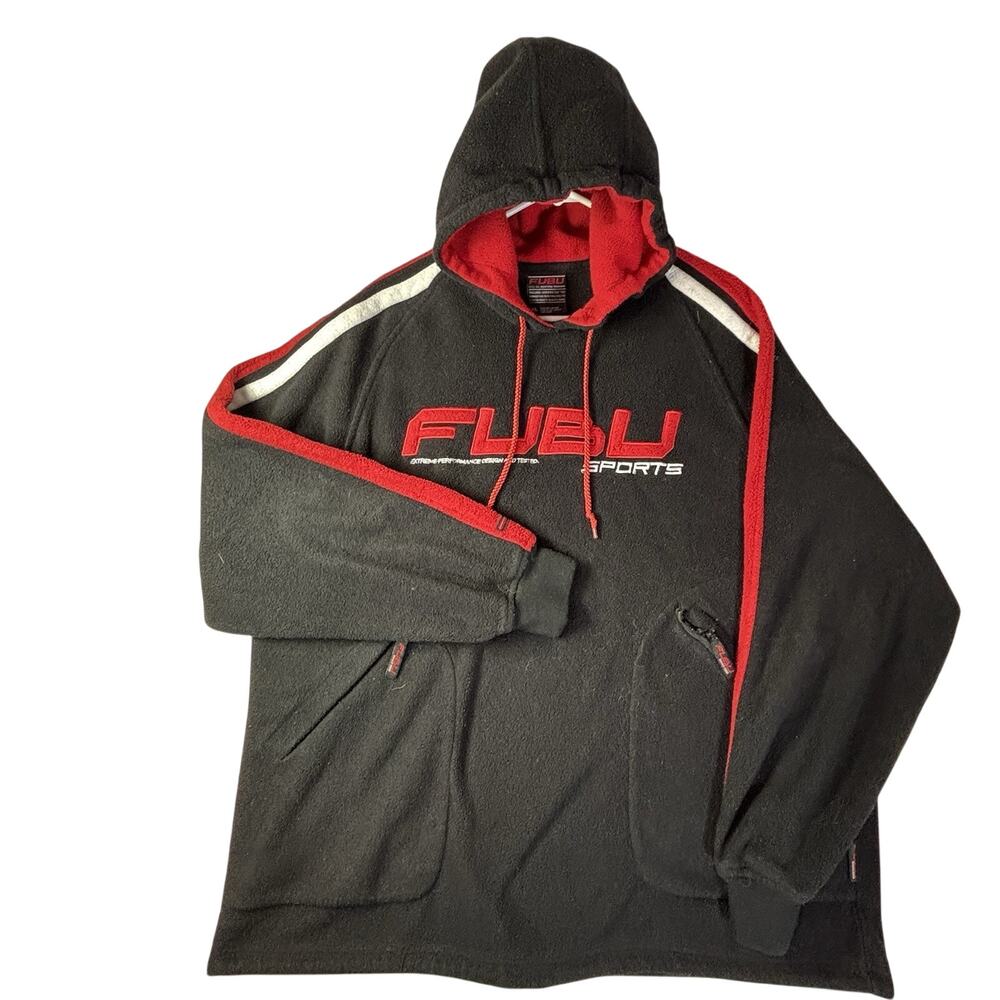 Fubu Sports XL Hoodie Oversized Y2K Kangaroo Pouch Striped Hip Hop Streetwear